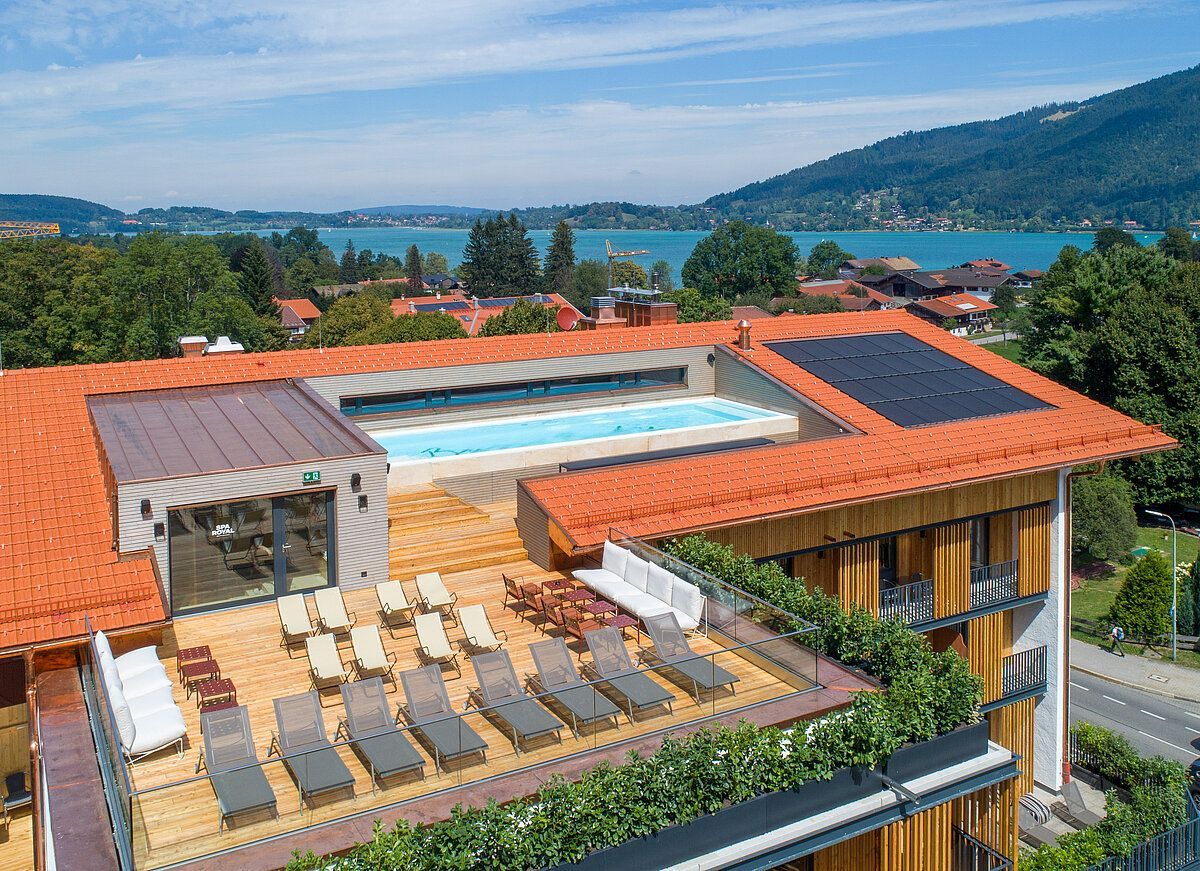 Bird's eye view of the rooftop terrace and pool